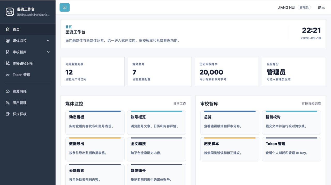 鉴流工作台首页：可用监测列表、媒体账号与历史审校样本概览